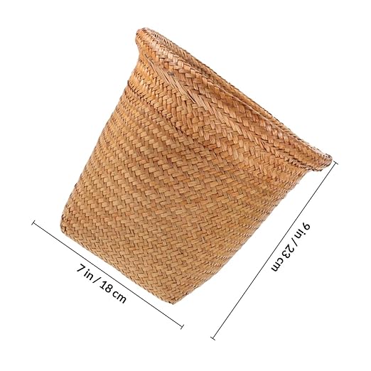 FUOYLOO Hand-Woven Straw Wastebasket Medium Woven Rattan Trash Can for Office and Home Frame with No Cover Design Waste Paper Basket for Bedroom and Workspace Organization Random Color