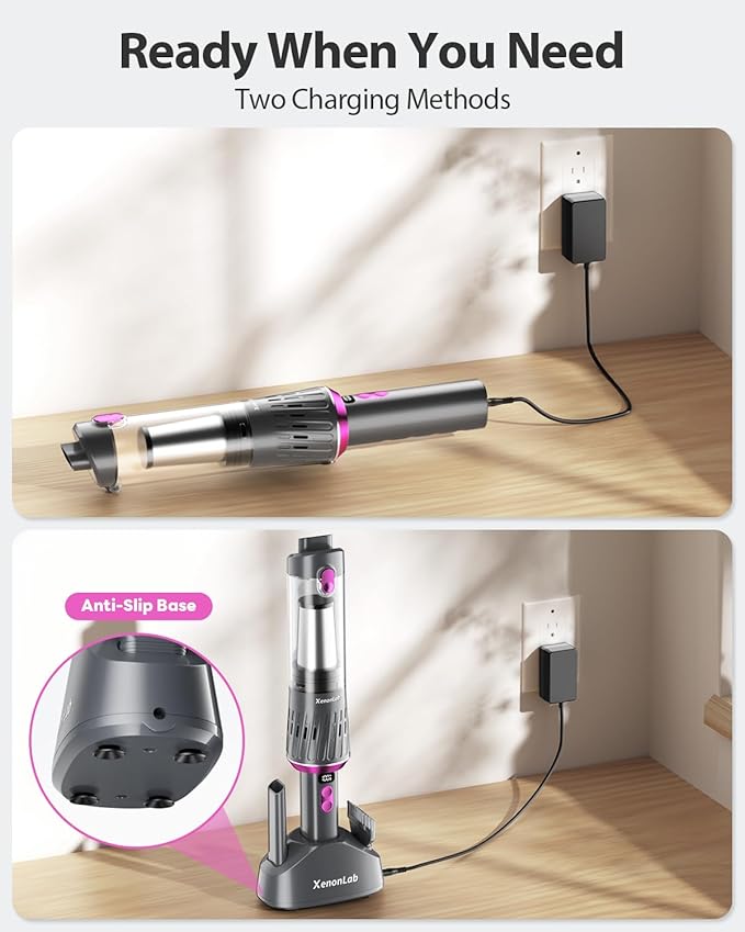 Handheld Vacuum Cordless 25000Pa Car Vacuum 3-in-1 Handheld Vacuum Includes Smart Display and Charging Base Hand Vac Cordless Rechargeable One-Touch Empty for Home/Pet/Car (Purple)