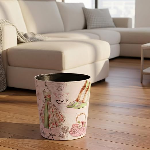 PU Leather Small Trash Can Wastebasket Round Garbage Container Basket for Bathrooms Laundry Room Kitchens Offices Kids Rooms BedroomsDormsHome Decorative Art Bin 2.9 Gallon(Fashion Style)