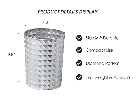 Small Round Metal Trash Can Wastebasket Decorative Diamond Pattern Garbage Can Waste Paper Bin Modern Farmhouse Round Trash Bin for Bathroom Bedroom Kitchen and Office (Silver)