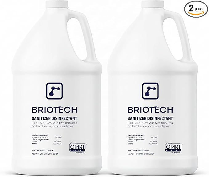 BRIOTECH Sanitizer Disinfectant Hypochlorous Kill 99.99% of Viruses &amp Bacteria Control Mold Eliminate Odor Gentle for Nursery &amp Play Rooms Food Contact Surface Sanitizer 1 Gallon Refill