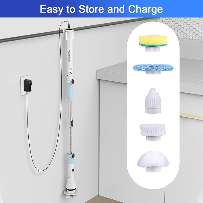 Electric Spin Scrubber with 5 Brush Heads Cordless Cleaning Brush 450 RPM Motor 27-47 inch Adjustable Handle Power Scrubber for Bathroom Tile Floor