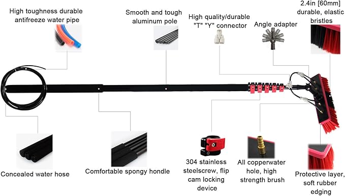 Window Cleaning Brush Equipment Window Cleaning Pole Water/Hose Fed Pole Photovoltaic and Solar Panels Cleaner Kit6M/20FT
