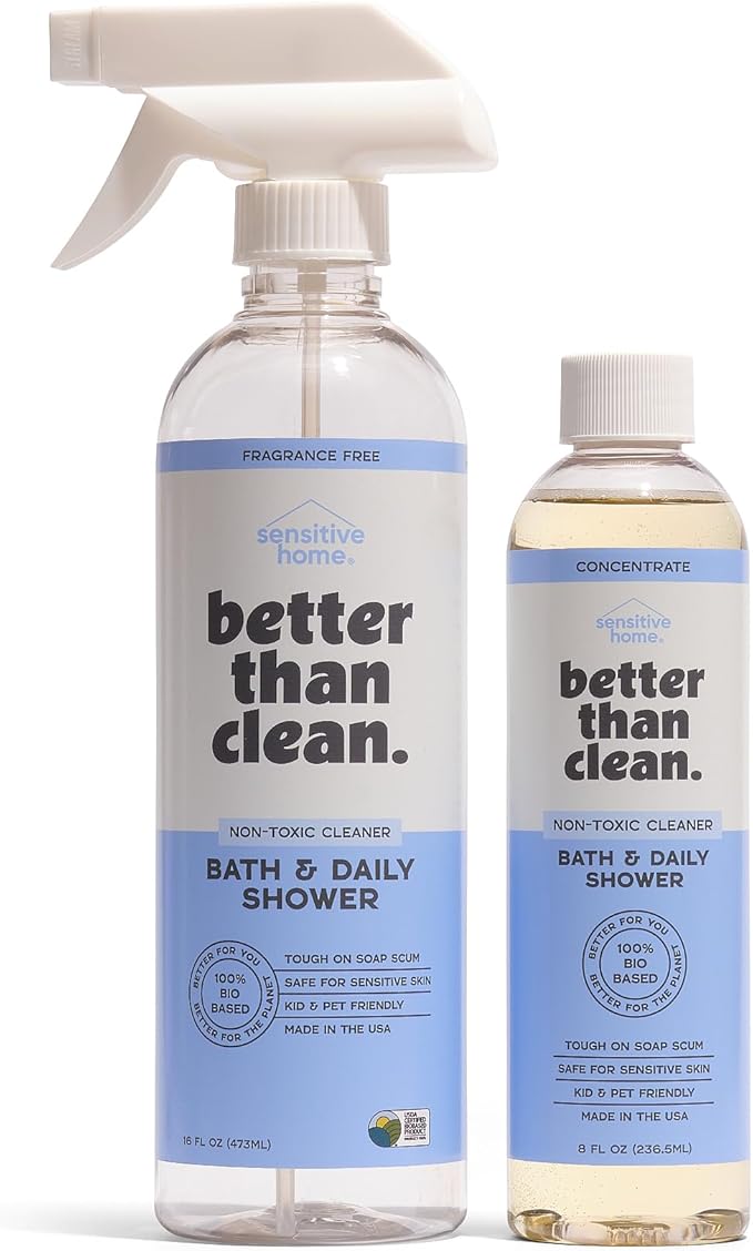 Better Than Clean™ Bath and Shower Cleaner Starter Pack – Fragrance Free Plant-Based Non-Toxic Bathroom Cleaner with 8oz Concentrate &amp 16oz Empty Refillable Spray Bottle