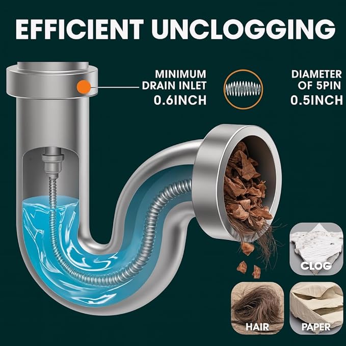 50 FT Drain Snake Hair Drain Clog Remover Manual Or Powered Plumbing Snake With Drill AdapteUnclog Sink Drain Tool Drain Auger for Toilet、Shower、Kitchen、Sink No Auto Retract Or Feed Orange