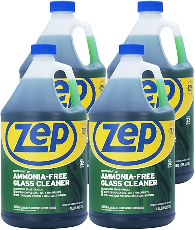 Zep Ammonia Free Glass Cleaner Concentrate - 1 Gallon (Case of 4) ZU1052128 - Professional Grade Formula Removes Dirt Fingerprints and Grime from Windows Mirrors Acrylic Surfaces and Tinted Glass