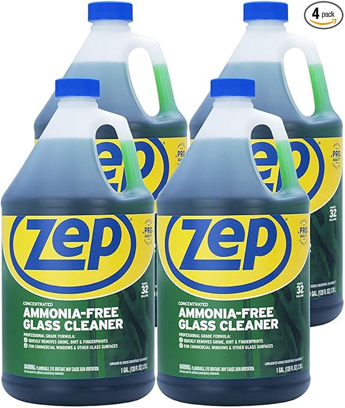 Zep Ammonia Free Glass Cleaner Concentrate - 1 Gallon (Case of 4) ZU1052128 - Professional Grade Formula Removes Dirt Fingerprints and Grime from Windows Mirrors Acrylic Surfaces and Tinted Glass