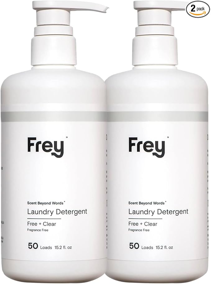 FREY Concentrated Liquid Laundry Detergent | Formulated for Sensitive Skin &amp HE Washers | Removes Stains Effectively | 50 Loads per Bottle (2-pack Unscented)