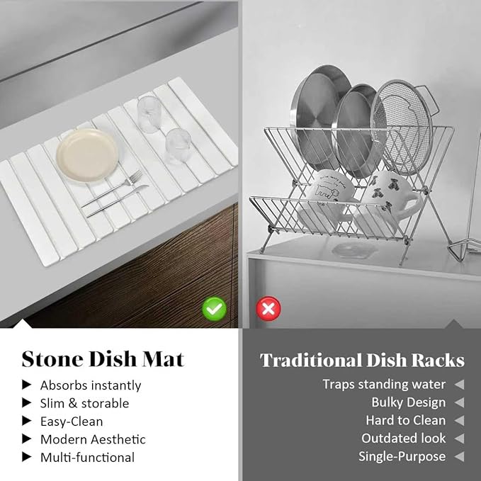 Large Stone Dish Drying Mats for Kitchen Counter 28(L)×16(W) Fast Drying Collapsible Dish Drying Mat Eco-Friendly Absorbent Diatomaceous Earth Mats for Dishes Bottles Cups Match Any Countertop