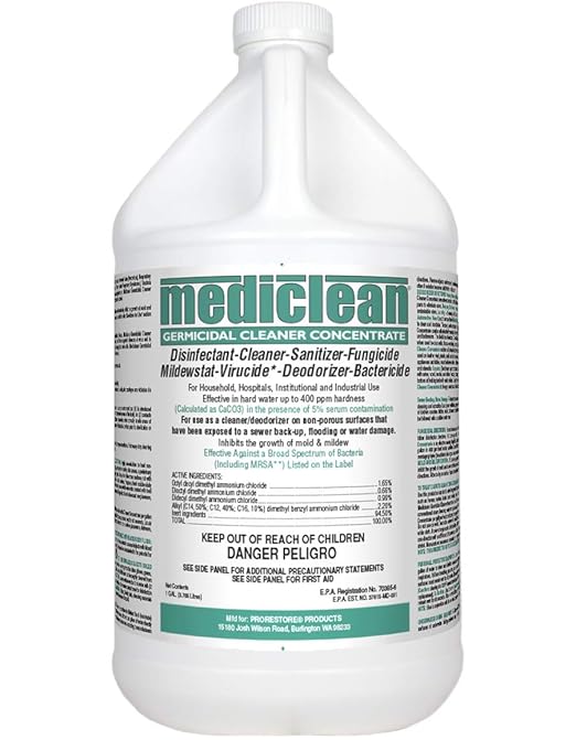 Mediclean Germicidal Cleaner Concentrate Disinfectant Sanitizer Deodorizer Fungicide Mildewstat Virucide Lemon Scent Hospitals Industrial Household Inhibits Mold and Mildew (4 Gallons)