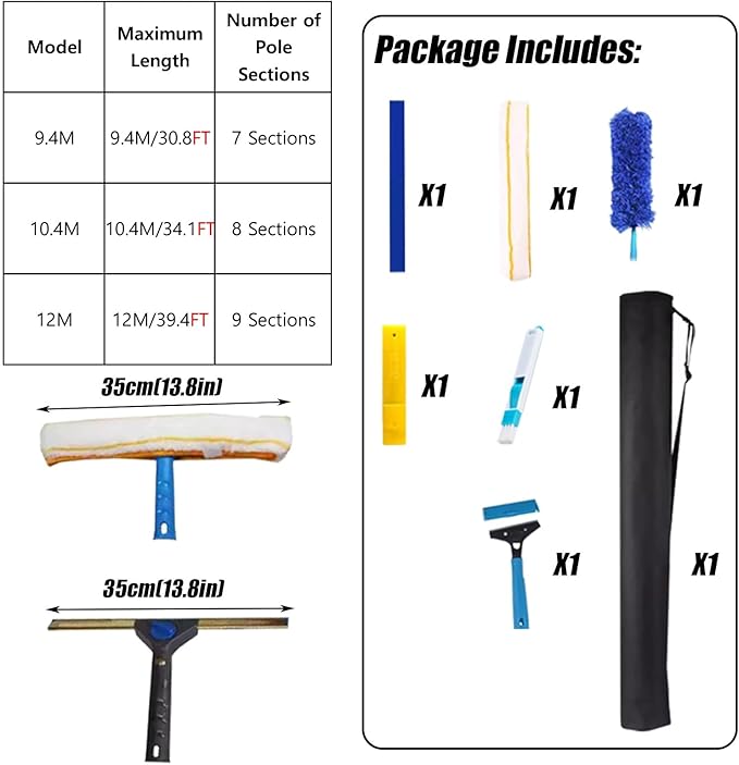 30 34 40 FT High Window Cleaning Rods Aluminum Alloy Glass Cleaner Tool/Dust Scraper Poles for Apartment Lobby Shopping Malls Extendable Windows Washing Kit with Scraper &amp
