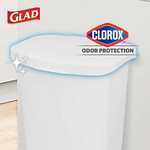 Glad 13 Gallon Trash Can | Plastic Kitchen Waste Bin with Odor Protection of Lid | Hands Free with Step On Foot Pedal and Garbage Bag Rings 13 Gallon White