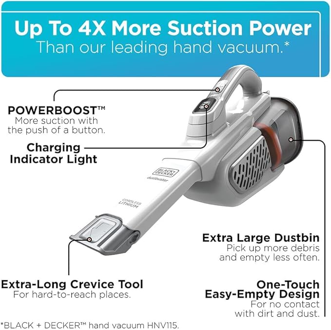 BLACK+DECKER Dust Buster Hand Held Vacuum Cordless Rechargeable Portable Vacuum for Car Extended Runtime Powerful Suction Extra Long Crevice Tool AdvancedClean+ (HHVK320J10)