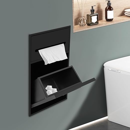 Recessed in-Wall Bathroom Trash Can with Toilet Paper Holder 6L/1.59Gal 304 Stainless Steel Hidden Garbage Can Wall Mounted Waste Bin for Toilet Bathroom Laundry Room (Black)