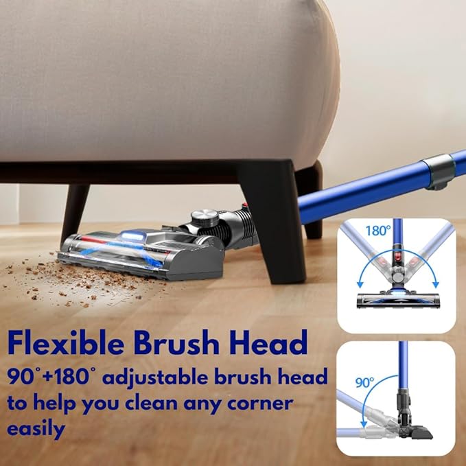 Cordless Stick Vacuum Blue 45 Min Runtime LED Headlights 2-Speed Telescopic Tube with Main Vacuum Brush Crevice Tool dust Brush Removable-Rechargeable Battery Pack with Charging Cord
