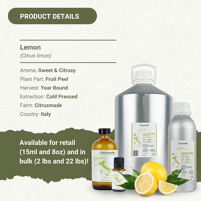 Lemon Essential Oil - Direct from Citrusmade Southern Italy - Cold Pressed - Aceite de Limón for Aromatherapy Massage Diffuser DIY Candle and Soap Making - 2lbs