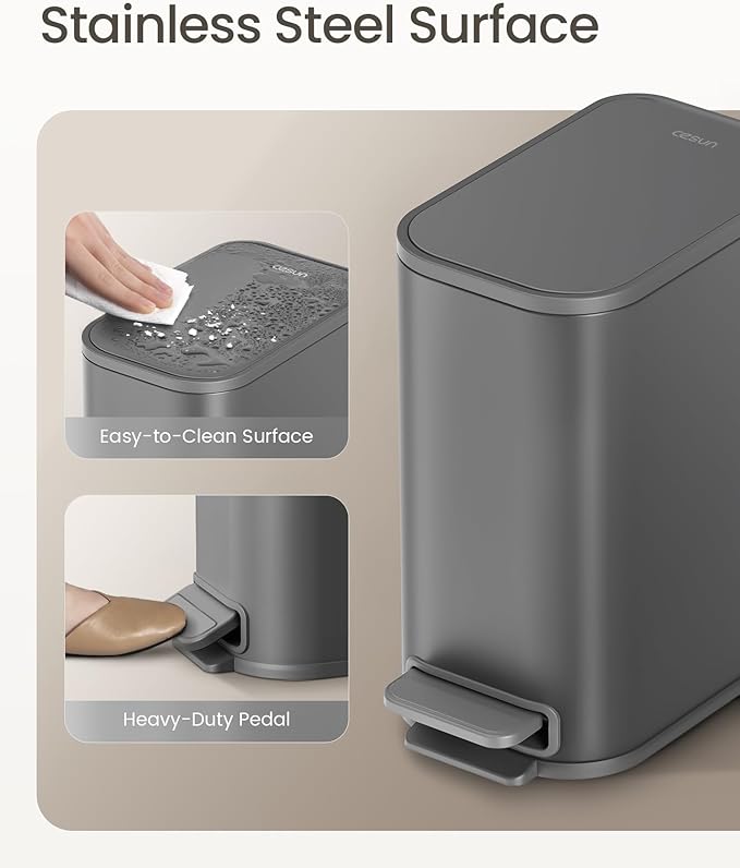 Cesun Small Bathroom Trash Can with Lid Soft Close Step Pedal 5 Liter / 1.3 Gallon Stainless Steel Garbage Can with Removable Inner Bucket Waste Basket for Bathroom Bedroom (Gray)