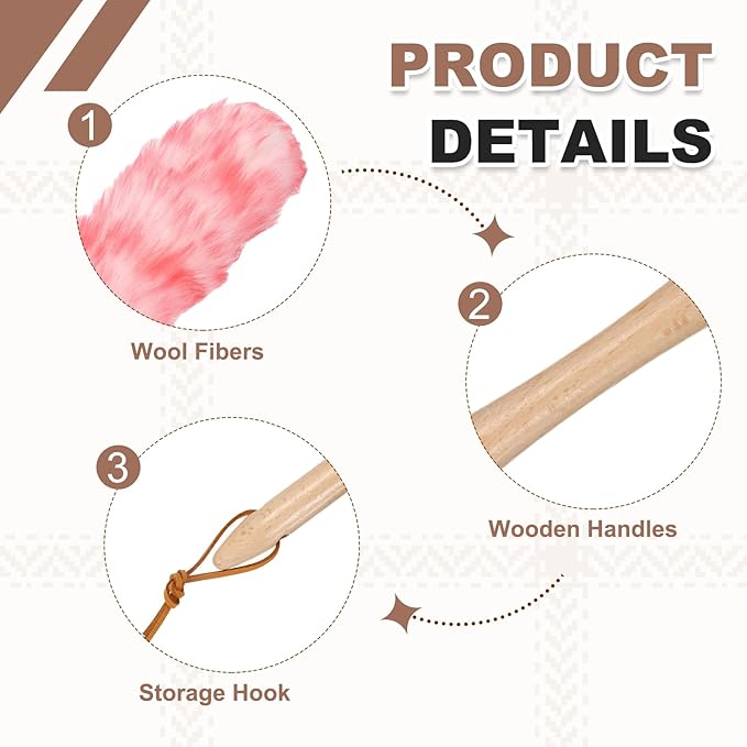 uxcell Wool Duster 24.4 Natural Feather Cleaner Household Cleaning Duster with Solid Wooden Handle for Cleaning Fans Window Blinds Shelves Furniture White Pink