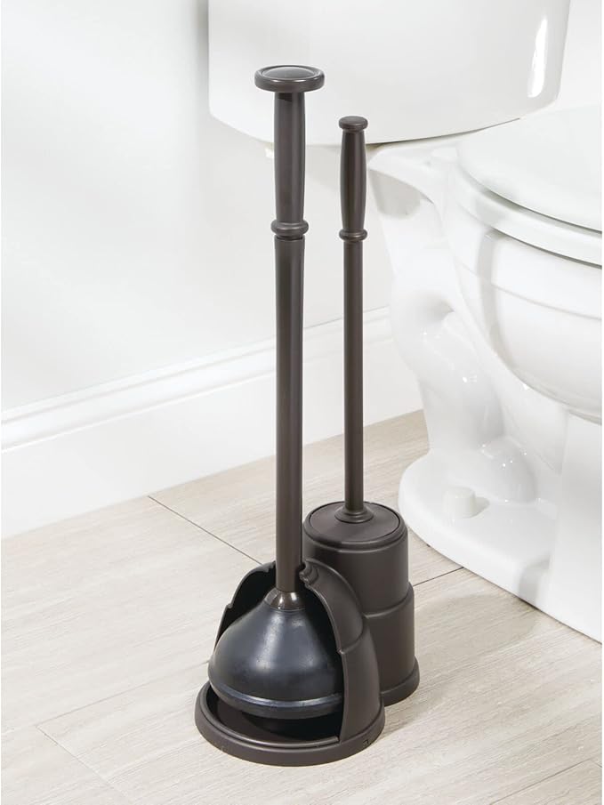 mDesign Plunger and Brush Set for Toilet Bowl - Hidden Modern Toilet Brush and Plunger Set with Caddy - Brush Cleaner and Plunger Combo with Holder for Bathroom - Hyde Collection - Bronze