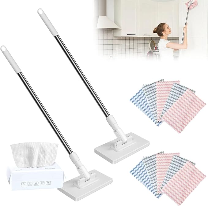 Snap Grip Mini Mop Lazy Mops with One-Click Cloth Change Locking Head with Sweeping Cloths for Wet &amp Dry Cleaning Long Handle Stick for Multi-Surface Cleaning(White 2 mop 10 Cloth)