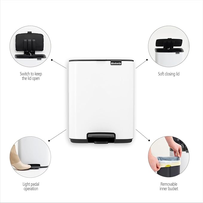 Brabantia Bo Small Step-On Trash Can | 1.8 Gal / 7L | Matt Black | Light-Pedal Soft-Close Bedroom Bathroom Nursery Trash Can Removable Inner Bucket Non-Slip Base | + Trash Bags