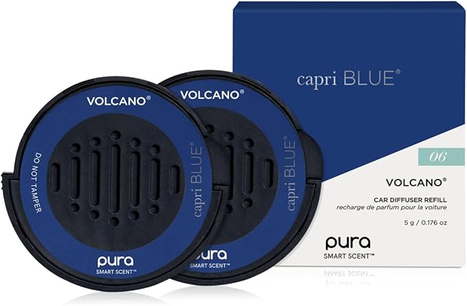 Capri Blue Pura Car Diffuser Refills - Includes 2 Car Air Freshener Pura Scent Diffusers - Long Lasting Air Freshener - Refills Only - Notes of Sugared Citrus &amp Tropical Fruits (Volcano 2 Pack)