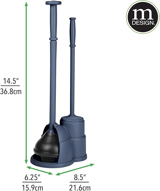 mDesign Plunger and Brush Set for Toilet Bowl - Hidden Modern Toilet Brush and Plunger Set with Caddy - Brush Cleaner and Plunger Combo with Holder for Bathroom - Hyde Collection - Navy Blue