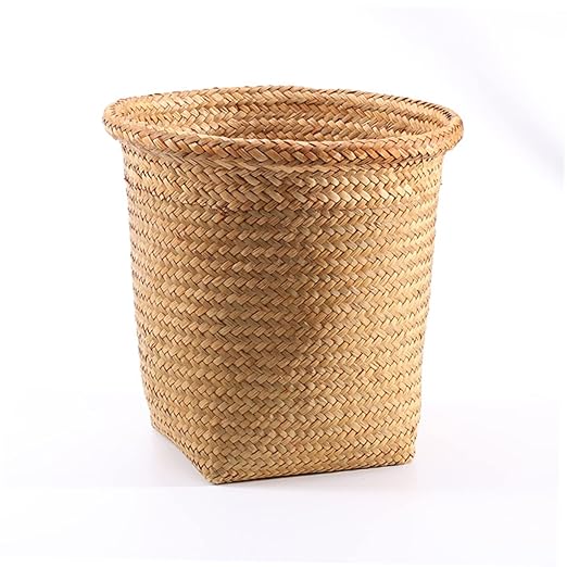 Kichvoe Seagrass Trash Can 2pcs Round Wicker Waste Basket Boho Woven Garbage Bin Laundry Hamper Basket Rattan Plant Pot Cover for Kitchen Bathroom Home Office