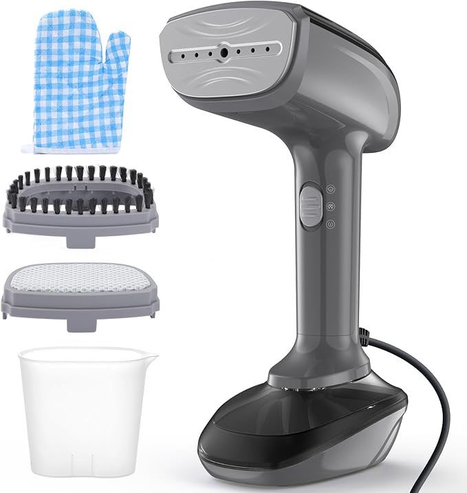 Powerful Handheld Fabric Steamer - 1800W with Fast Ceramic Heat-Up Plate 2-in-1 Ironing &amp Wrinkle Remover Steam Nozzle Lint Brush - Gray for US 120V Only