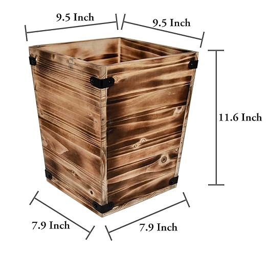 Owlgift Decorative Rustic Burnt Wood Trash Can Farmhouse Stylish Wooden Waste Basket Near Desk Square Garbage Cans Trashcan with Metal Brackets for Office Bedroom &amp Bathroom