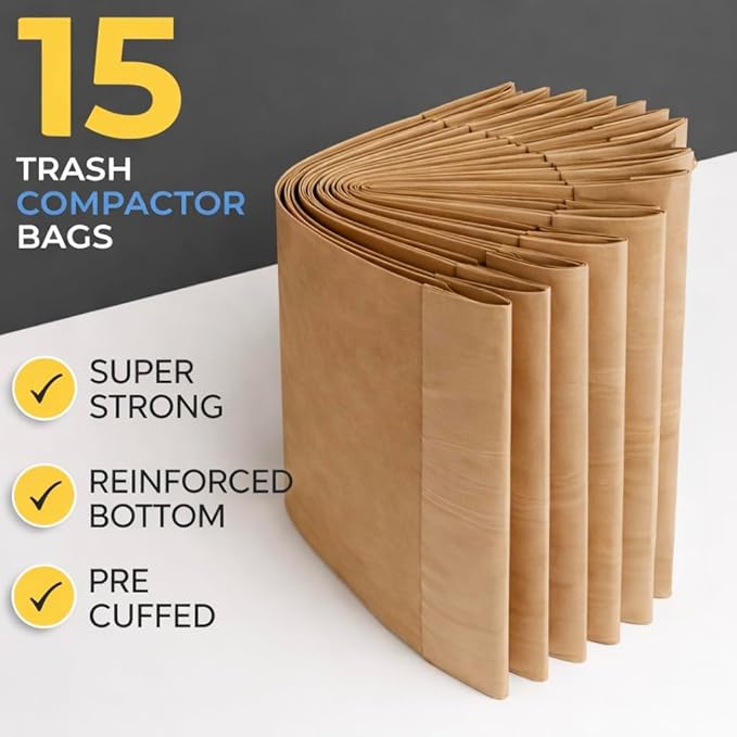 Trash Compactor Bags for Kitchen - 15 PACK - Pre-Cuffed Super Strong &amp Heavy Duty Kitchen Trash Bags with Leak Proof Plastic Liner Fits GE Model Compactors with Rectangular Containers