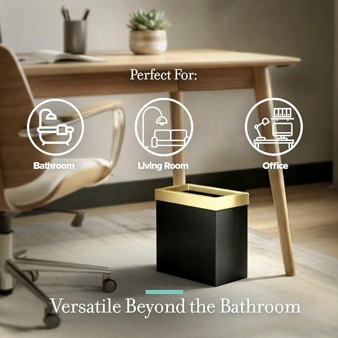 Gatco Small Bathroom Trash Can With Lid Rectangle 3 Gallon Stainless Steel Wastebasket Under Sink Matte Black And Brushed Brass For Bathroom Bedroom Office (1938)