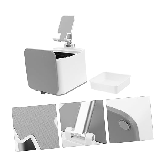 TEHAUX Mini Trash Bin with Phone Holder for Desk Portable Wastebasket for Home Office Travel and Car Compact Dual Purpose Design