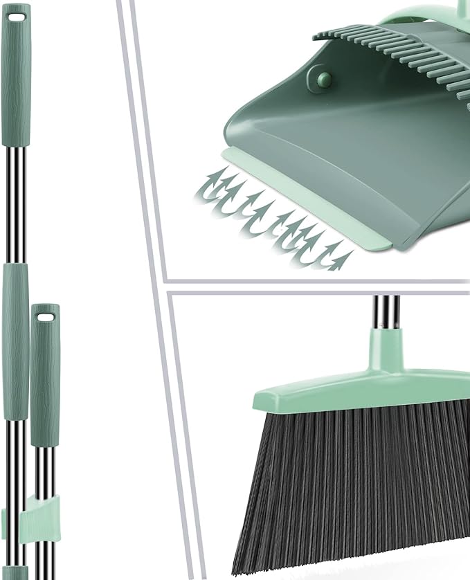 Broom and Dustpan Set for Home Dust pan with Long Handle Broom with Dustpan Combo Set for Home Kitchen Room Office Lobby Floor Use Upright Stand Up Sweeping (Gray&ampGreen)