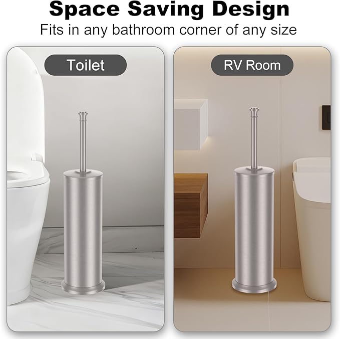 Stain Nickel Toilet Brush and HolderExtra Long Handled Toilet Brush for BathroomStainless Steel Heavy Duty Toilet Bowl BrushRemovable Inner BowlDeep Cleaning Dense Bristles Brush -Space Saving