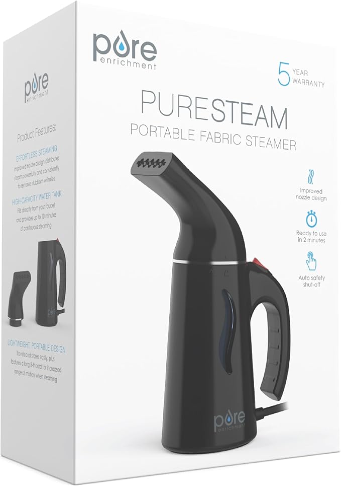 Pure Enrichment PureSteam Portable Fabric Steamer - Handheld Travel Garment Steamer Removes Wrinkles &amp is Safe on All Fabrics - Fast-Heating Lightweight Auto Safety Shut-Off &amp Long Cord (Bl