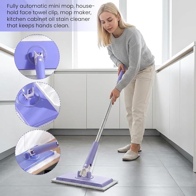 2026 Snap Grip Mini Mop Upgraded with 10 Pads| Zero Touch Hands-Free Cleaning Mop|27.5” &amp 36.5” Adjustable Handle Flat Dust Mop for BathroomCornersWindows|No Wash Wet &amp Dry Use (27.5”Purple