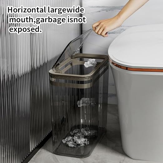 Transparent Trash Can Bathroom Trash Cans with Lids 3.5 Gallon Garbage Can for Bedroom Office Plastic Slim Waste Basket with Press Top Lid 15L Clear Trash Bin for Home Kitchen (Gray)