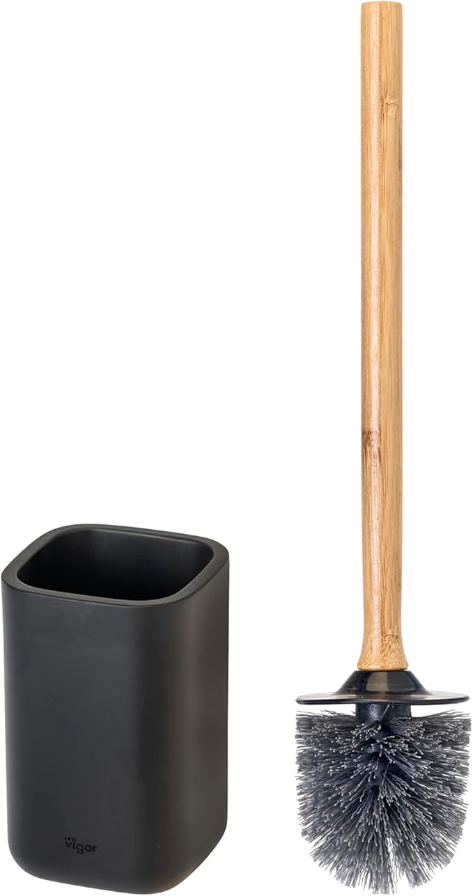 Vigar Zense Toilet Brush and Holder Set Toilet Bowl Brush with Polyresin Stone Holder Bathroom Sets for Bathroom Decor and Accessories Cool Black
