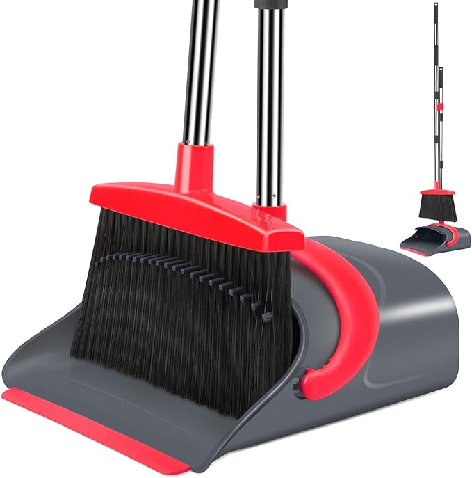 Broom and Dustpan SetBroom with Dustpan Combo Set Dust pan with Long Handle for Home Kitchen Room Office Lobby Floor Use Upright Stand Up(Gray&ampRed)