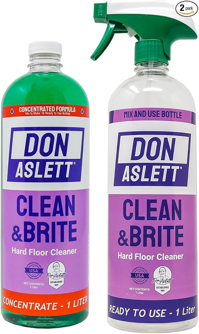 Don Aslett Clean &amp Brite Set (1 Quart Concentrate and 32 Oz Ready-To-Use Spray Bottle) Floor Cleaner | Restore Natural Shine of Hard Flooring Surface - Tile Vinyl Linoleum Wood