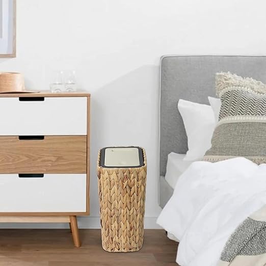 Dawn 2.6 - Gallon Boho Rattan Trash Can with Press - Top Lid - 2 - in - 1 Wastebasket &amp Hamper for Bathroom Kitchen Living &amp Bedroom