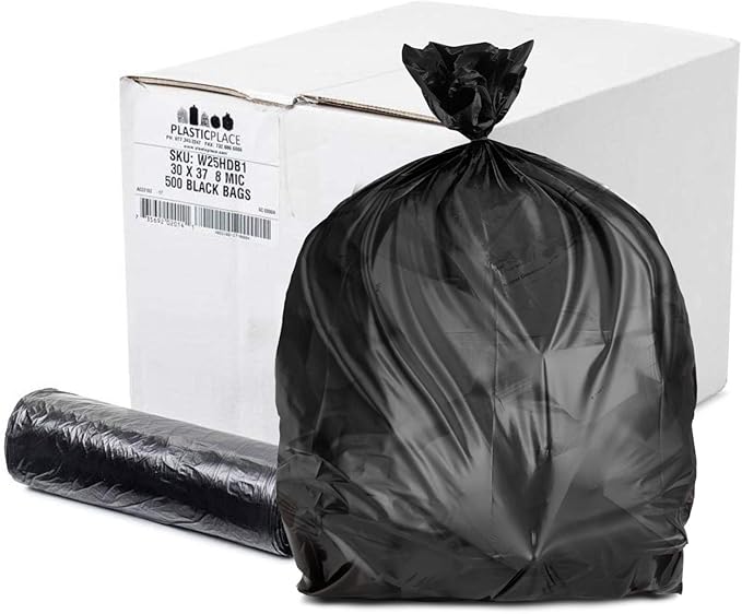 Plasticplace 25 Gallon High Density Trash Bags │ 8 Microns │ Black Garbage Can Liners │ 30” x 37” (500 Count)