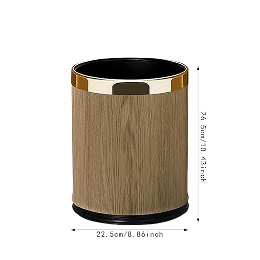 Trash Can Waste Basket PU Leather Stylish Modern Garbage Container Wastebasket for Under Desk Dorm Hotel Bedroom 10L Round Gold