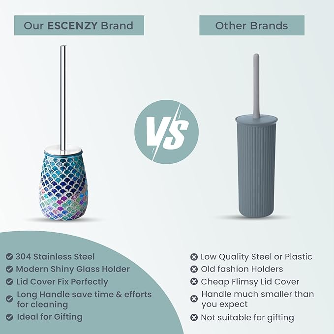 Escenzy Mermaid Bathroom Toilet Brush and Holder Set Mosaic Glass | Non-Rustic Stainless Steel | Practical &amp Decorative Toilet Bowl Brush and Holder | Luxury Mermaid Bathroom Decor