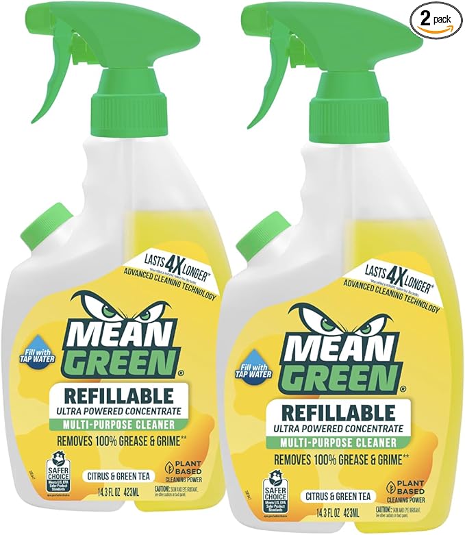 Mean Green Refillable Ultra Powered Multi-Purpose Cleaner Concentrate Citrus &amp Green Tea 14.3 fl oz (2-Pack) – Plant &amp Mineral Based Cuts Through Grease &amp Grime Refillable Bottle Makes