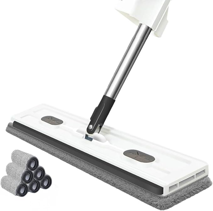 360° Rotatable Mop with Adjustable Stainless Steel Handle for Tile Hardwood – Large Flat Design for Effortless Cleaning Easy Pad Attachment(box of white)
