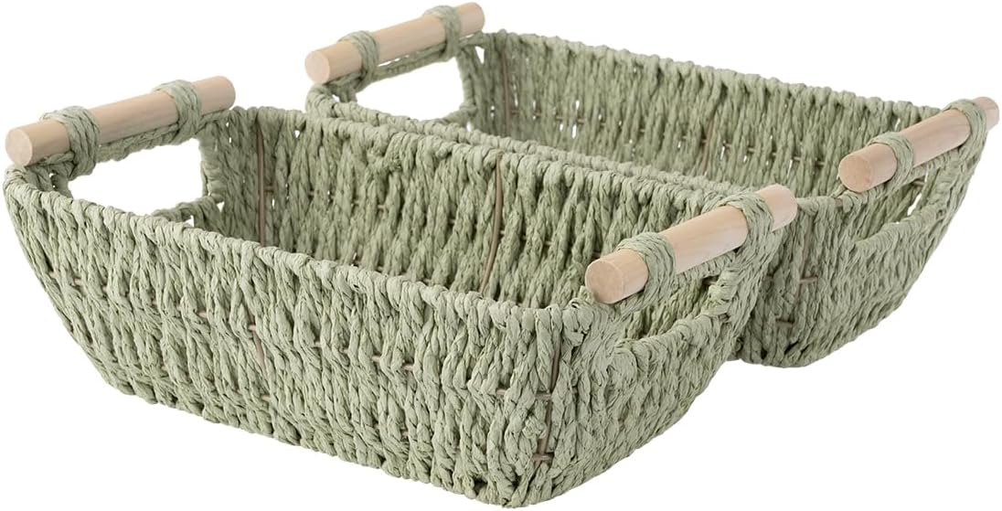 StorageWorks Round Paper Rope Woven Basket with Wooden Handles for Gifts Small Woven Baskets for Shelf Bosana Green 2-Pack