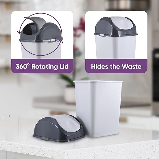 Superio Small 2.5 Gallon Plastic Trash Can with Swing Top Lid Compact Slim Waste Bin for Under Desk Office Bedroom Bathroom Dorm Room 10 Qt. Portable Garbage Can (SmokeWhite/Grey 2 Pack)