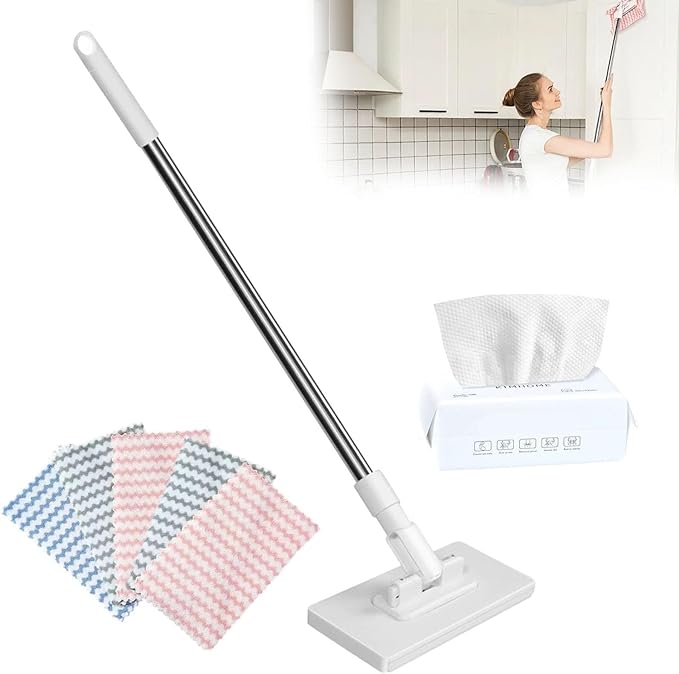 Snap Grip Mini Mop Lazy Mops with One-Click Cloth Change Locking Head with Sweeping Cloths for Wet &amp Dry Cleaning Long Handle Stick for Multi-Surface Cleaning(White 1 mop 5 Cloth)